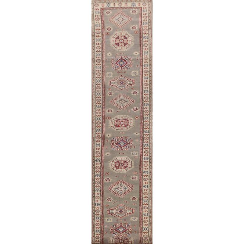 Geometric Grey Kazak Runner Rug Handmade Wool Carpet - 2'10" x 19'7"