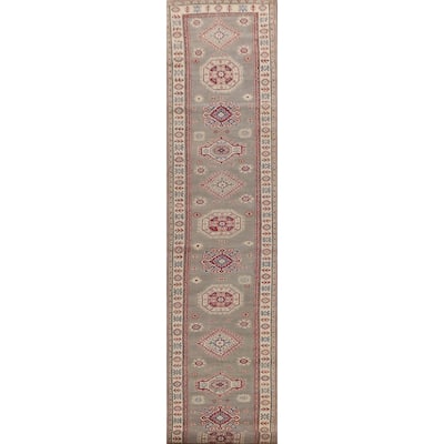 Geometric Grey Kazak Runner Rug Handmade Wool Carpet - 2'10" x 19'7"