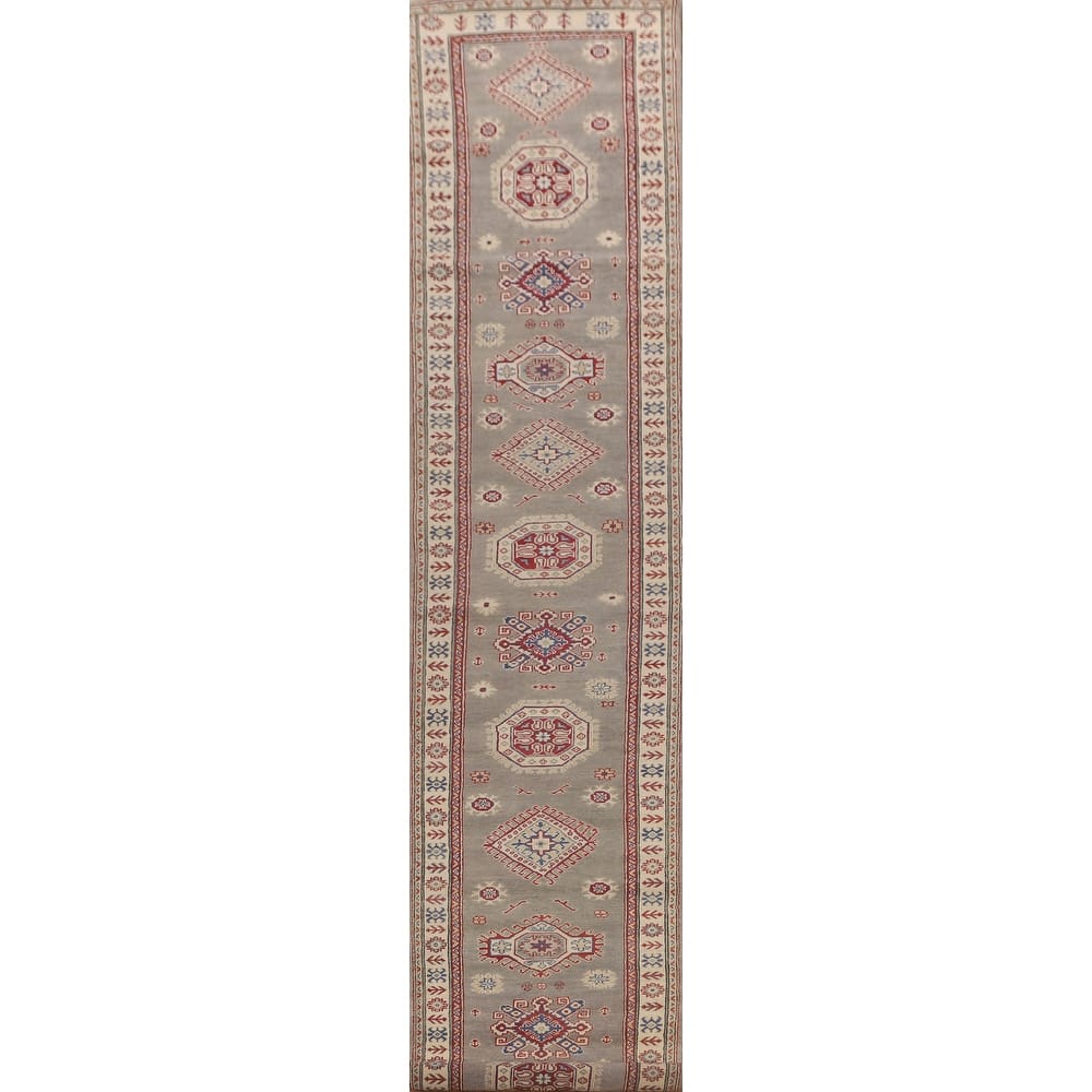 Geometric Grey Kazak Runner Rug Handmade Wool Carpet - 2'10" x 19'7"