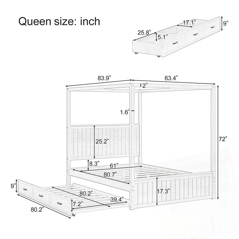 Modern Queen Size Canopy Platform Bed with Trundle and Three Storage Drawers