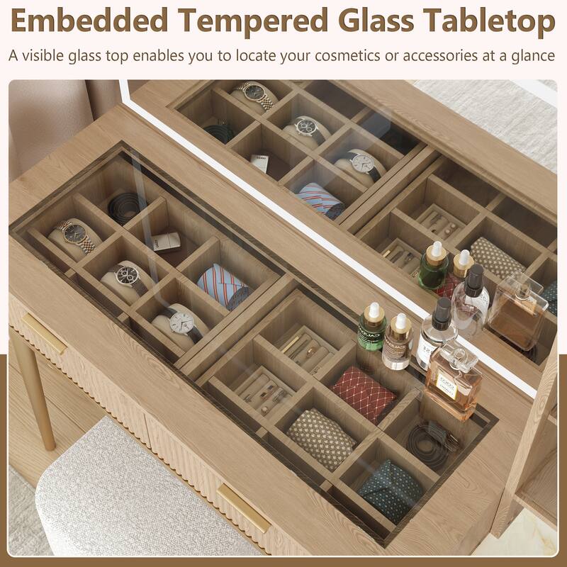 Modern Fluted Makeup Vanity Desk with Lighted Mirror, Dressing Table