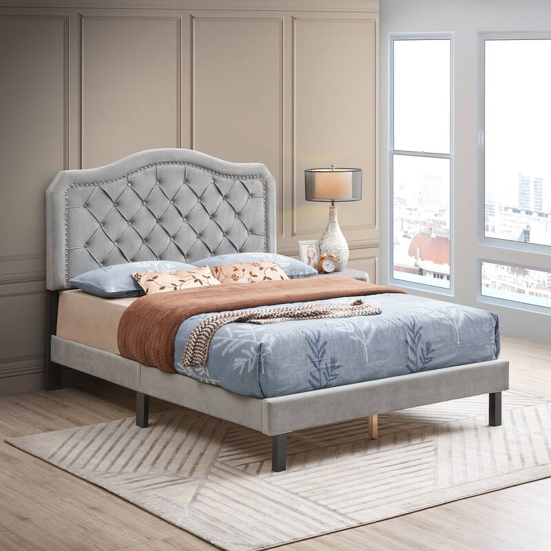 Gray Queen Button Tufted Platform Bed with Strong Wood Slat Support - Gray