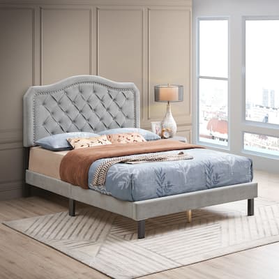 Gray Queen Button Tufted Platform Bed with Strong Wood Slat Support