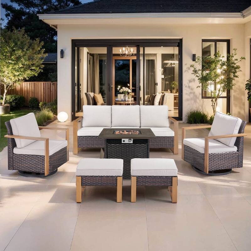 Pocassy Outdoor Fire Pit Conversation Set 3-Seat Sofa Chairs Patio Furniture Set - Brown Wicker Beige Cushion - 6-Piece Sofa Swivel Chair Ottoman with Fire Table