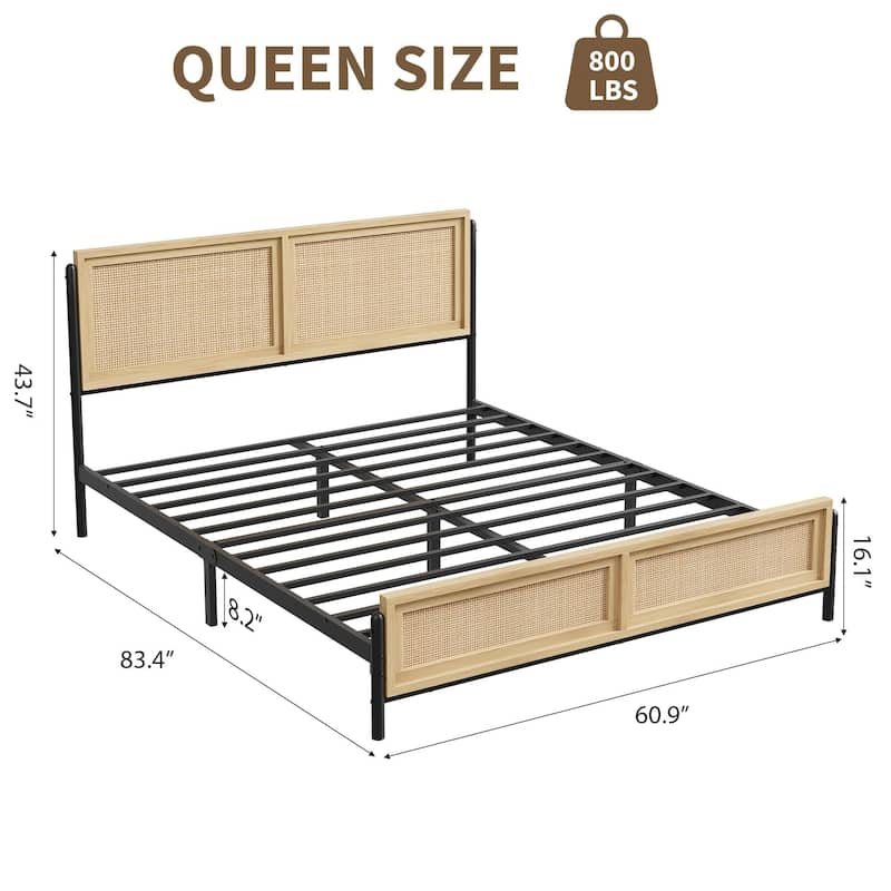 Boho Bed Frame with Natural Rattan Headboard and Footboard