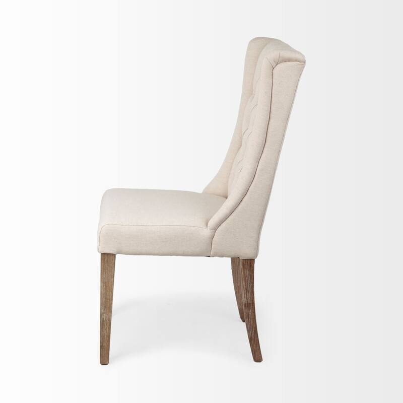 Cream Linen Tufted Wing Back Side Chair, Brown Wood Legs - 20.3” L x 22” W x 40.5” H