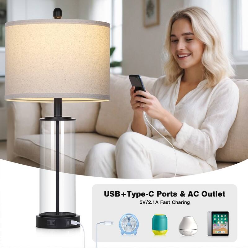 26'' Black Modern Cylinder Table Lamp with USB-C Fast Charging, Dimmable LED, 3-Way Touch(Set of 2) - 12.5'' x 12.5'' x 26''