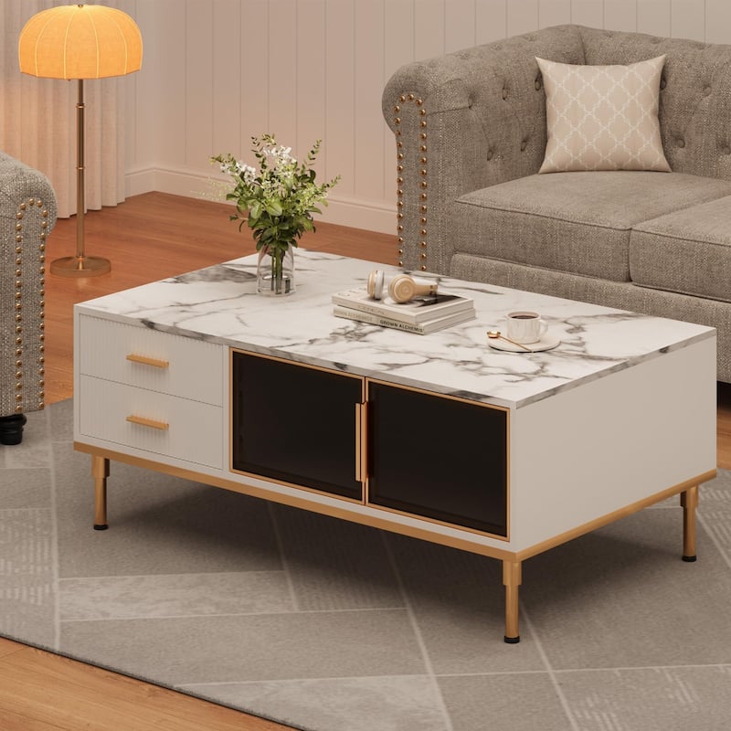 Minimalist Coffee Table with Faux Marble Surface, Glass Storage Doors