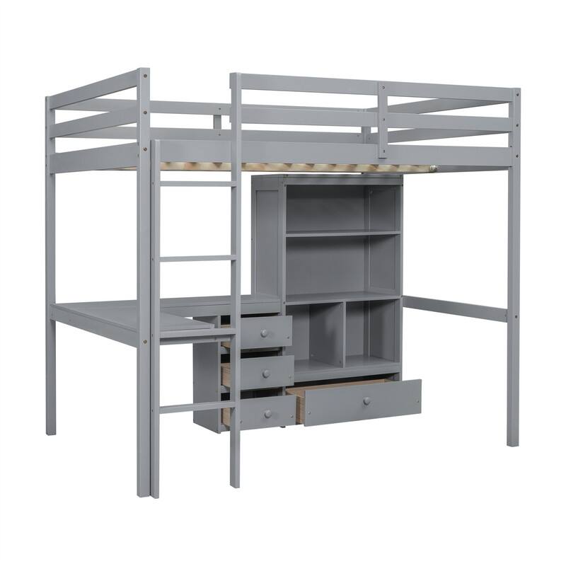 Full Size Loft Bed with Bulit-in L-Shaped Desk and Ladder, Wooden High Loft Bedframe with Storage Drawers and Shelves