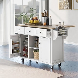 Kitchen Cart with Rubberwood Drop-Leaf Top,Storage Cabinet,3 Drawers ...