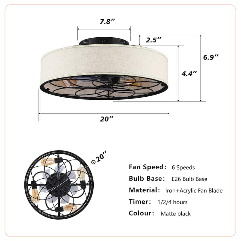 20" Low Profile Fabric Bladeless Ceiling fan with Remote Control, NOT Included Bulbs
