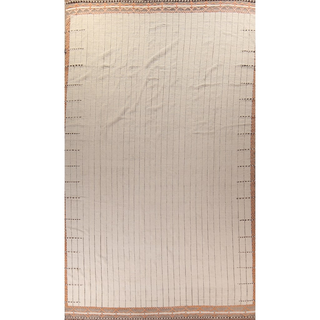 Striped Ivory Moroccan Palace Size Large Rug Hand-Knotted Wool Carpet - 14'2"x 21'6"