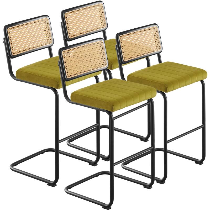 Velvet Upholstered Rattan Counter/Bar Stools, Set of 2/3 - Set of 4 - 30"Black Legs-Olive Green
