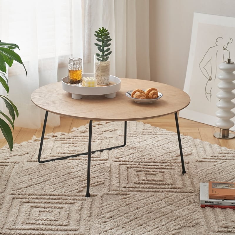 Modern Coffee Table - Minimalist Oak Veneer Centerpiece for Living Room & Small Spaces - Round