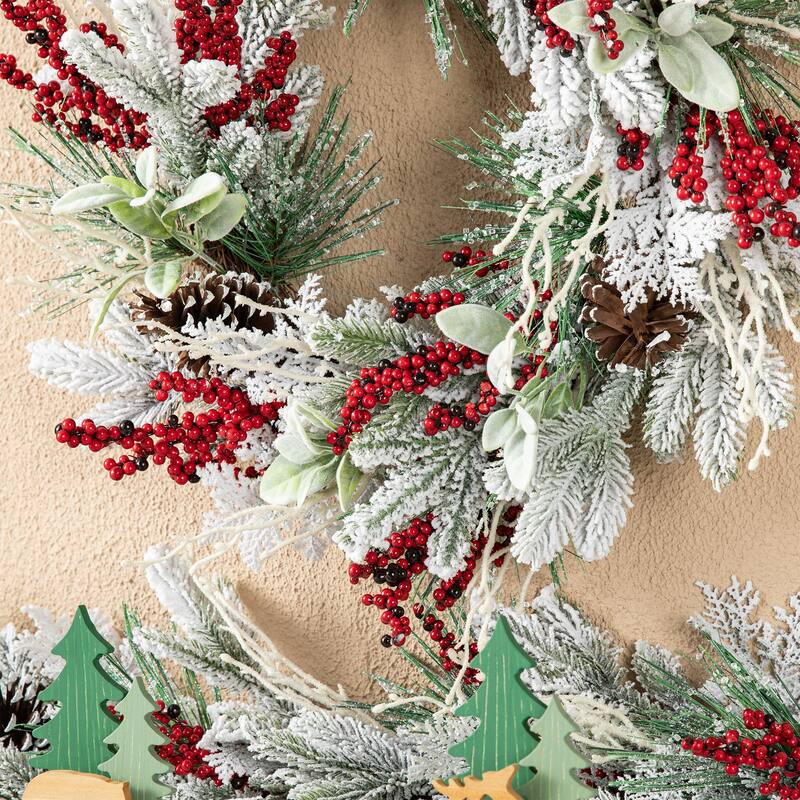 Glitzhome Artificial Christmas Flocked Pinecone Berry Teardrop Wreath Centerpiece