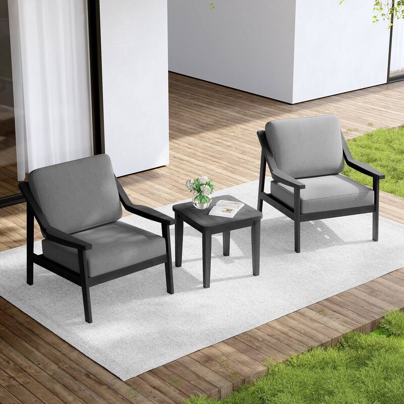 Outdoor Wood Cushioned Patio Set of 2 Accent Chair with Side Table