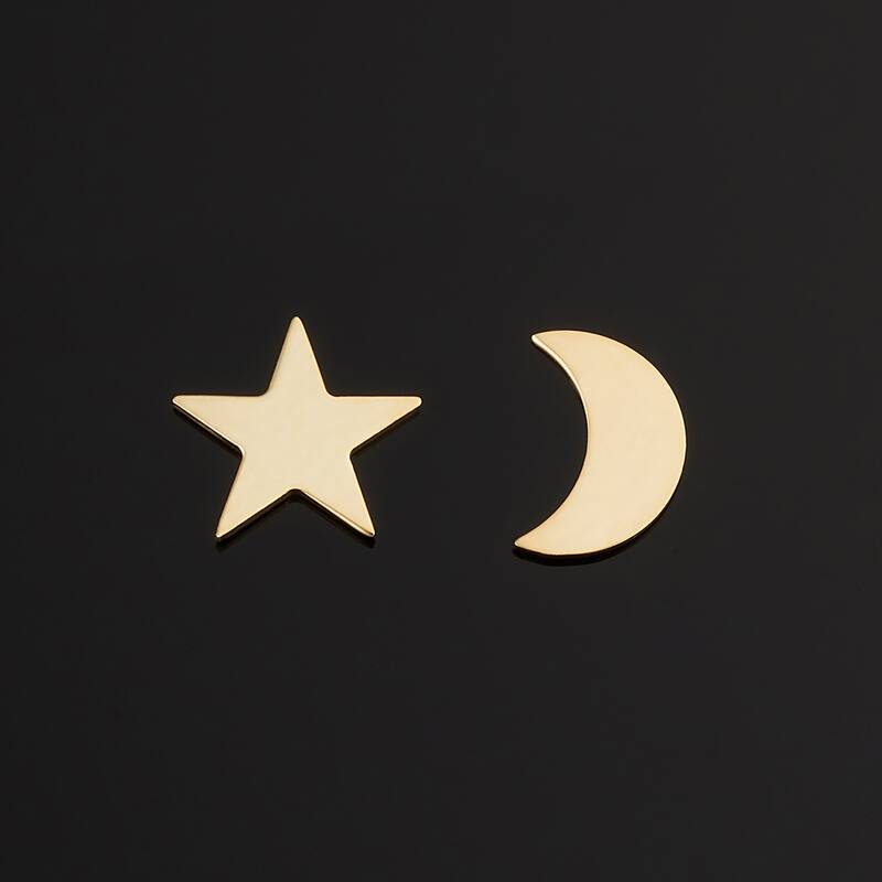 14k Yellow Gold Moon and Star Mismatched Stud Earrings