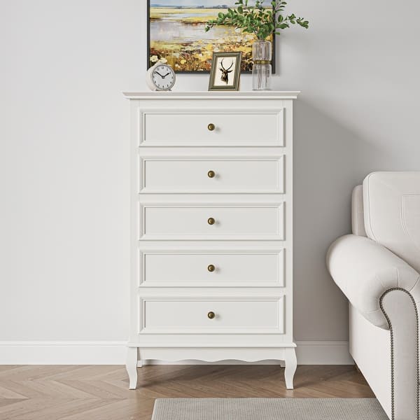 tall white dresser modern 30 in. Wide Dresser - Elegant 5 Drawer Tall Wooden Chest, Freestanding Cabinet for Bedroom, Living Room (Antique White) HDT002LZLF6D3