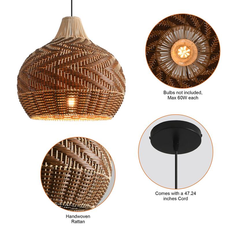 18.9" Farmhouse Natural Caged Handwoven Rattan Pendant Light - 18.9" D x 18.9" W x 62.99" H