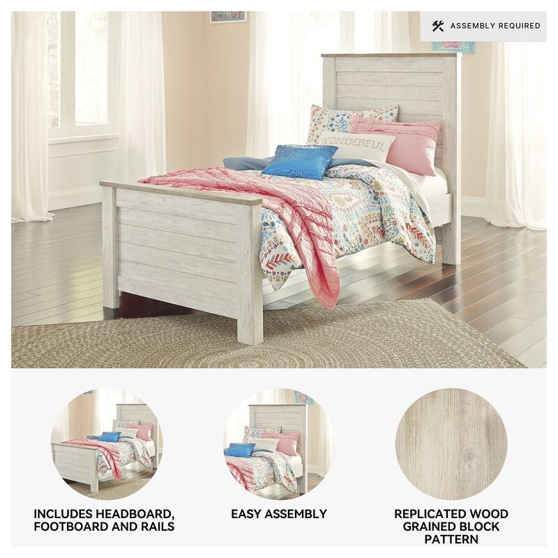 Signature Design By Ashley Willowton Vintage Casual White Wash Panel Bed - Whitewash - Width: 42.50"Depth: 81.75"Height: 53.75"