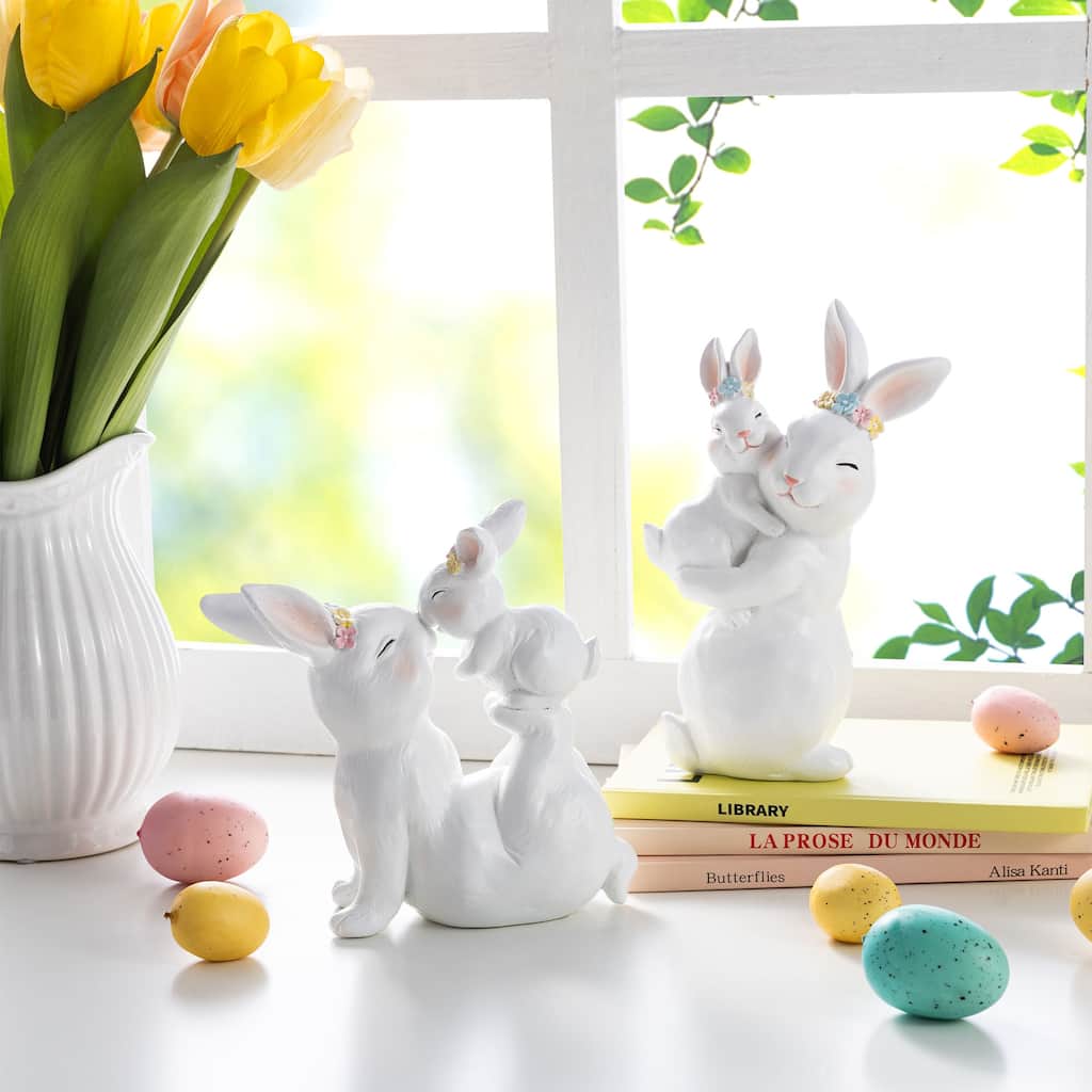Glitzhome Set of 2 Easter Resin Bunny Table Decor Rabbits Figurines Party Ornaments