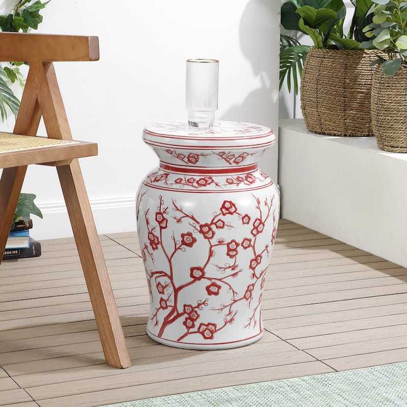 Cherry Blossom 17.7" Ceramic Garden Stool, White/Blue by JONATHAN Y