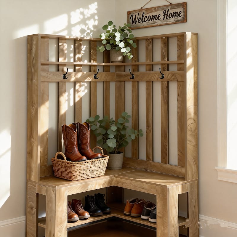 L-Shaped Entryway Hall Tree with Shoe Storage Shelf and 4 Hooks