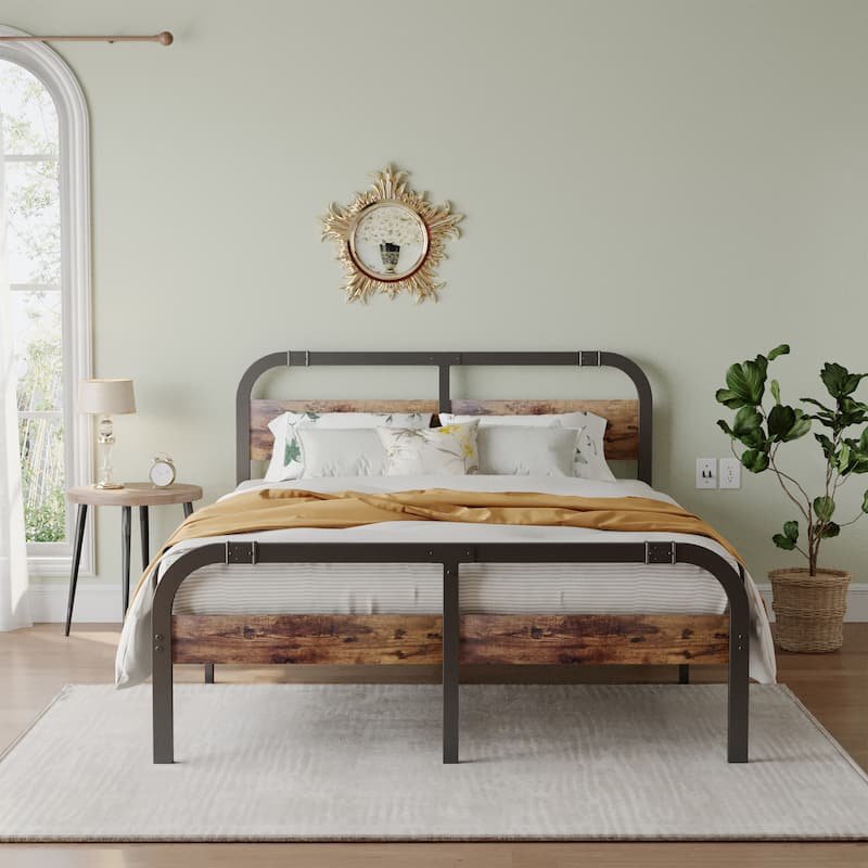 Industrial Platform Bed with Strong Metal Support, Wooden Headboard and Footboard
