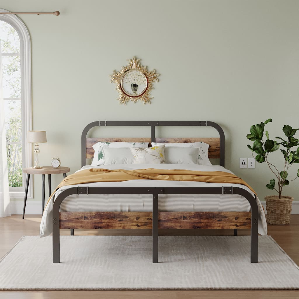 Industrial Platform Bed with Strong Metal Support, Wooden Headboard and Footboard