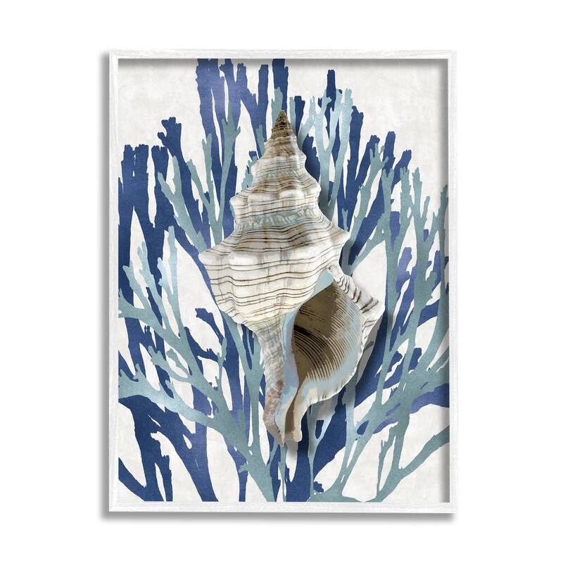 Stupell Tower Shell Coral Blue Beach Design Framed Giclee Texturized Art by Caroline Kelly