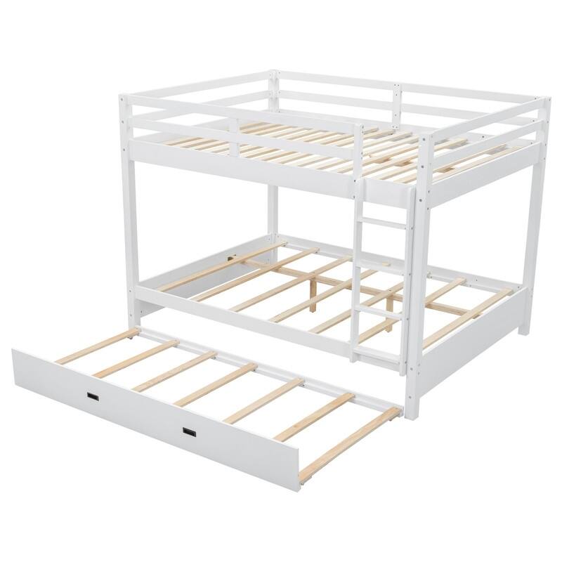Modern Queen Size Bunk Bed with Ladder and Guardrail, Wood Kids Teens Bed Frame with Trundle Optional