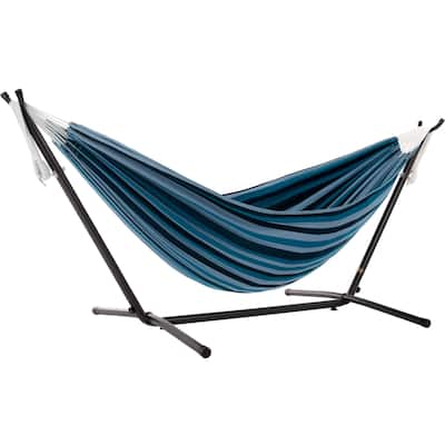 Double Cotton Hammock with Space Saving Steel Stand, Blue Lagoon (450 lb Capacity - Premium Carry Bag Included)