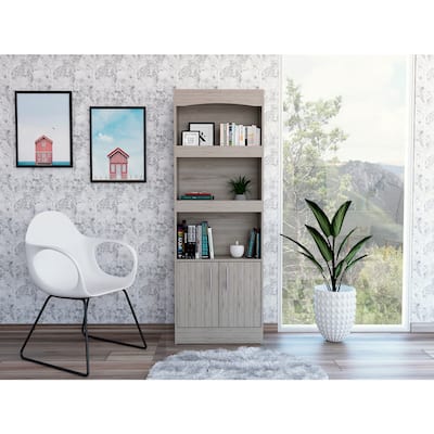 70-Inch High Bookcase with 3 Open Shelves and Bottom Cabinet in Light Gray for Storage and Display - 23.6