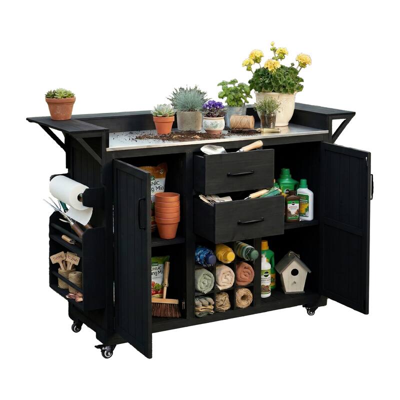 Modern 60.2" W Outdoor BBQ Kitchen Island with Wheels, Stainless Steel Top, Drawers, Spice Rack & Wine Rack