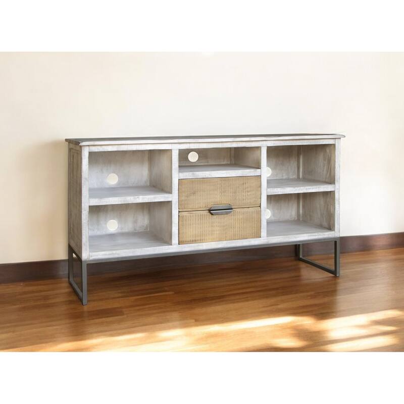 HomeRoots 70" Light Gray Solid Wood Open shelving Distressed TV Stand - 70' X '38' X '17.75 - Light Gray - 70' X '38' X '17.75