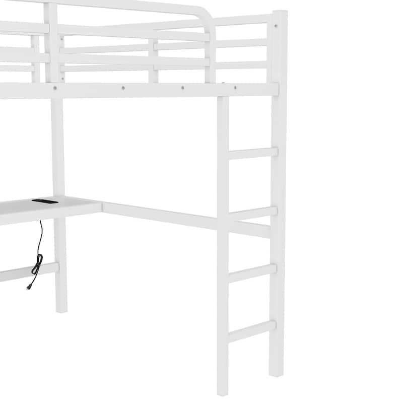 Queen Size Metal Loft Bed with Desk, USB Charging, LED Lights, and Power Outlet