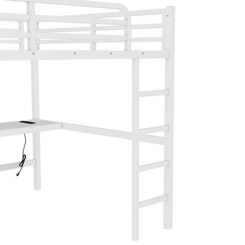 Roomfitters Metal Queen Size Loft Bed with Power Outlet & LED Lighting, Space-Saving Noise-Reduced Frame, White
