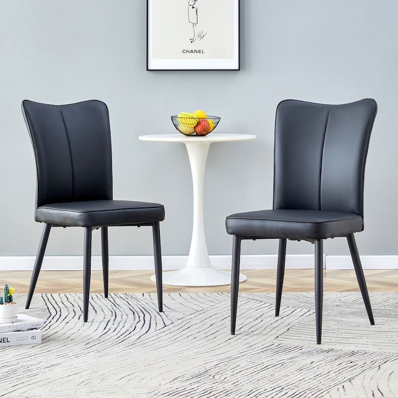 PU Leather Upholstered Dining Chairs Set of 2, Kitchen Chair with Curved Back & Cushion, Accent Chair with Metal Legs - Black
