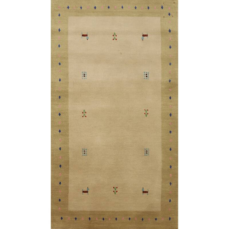 Hand Knotted Oriental 100% Wool Carpet Tribal Animal Pictorial Beige & Ivories Gabbeh Area Rug - 4' 5'' X 2' 4''