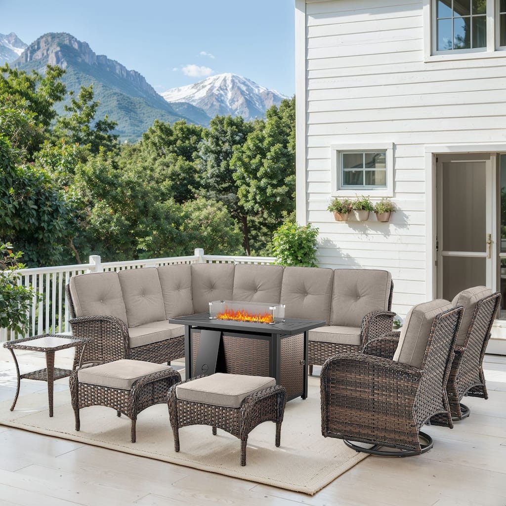 Fire Pit Table with Sectional Sofa Swivel Chairs Ottomans -Beige - Brown