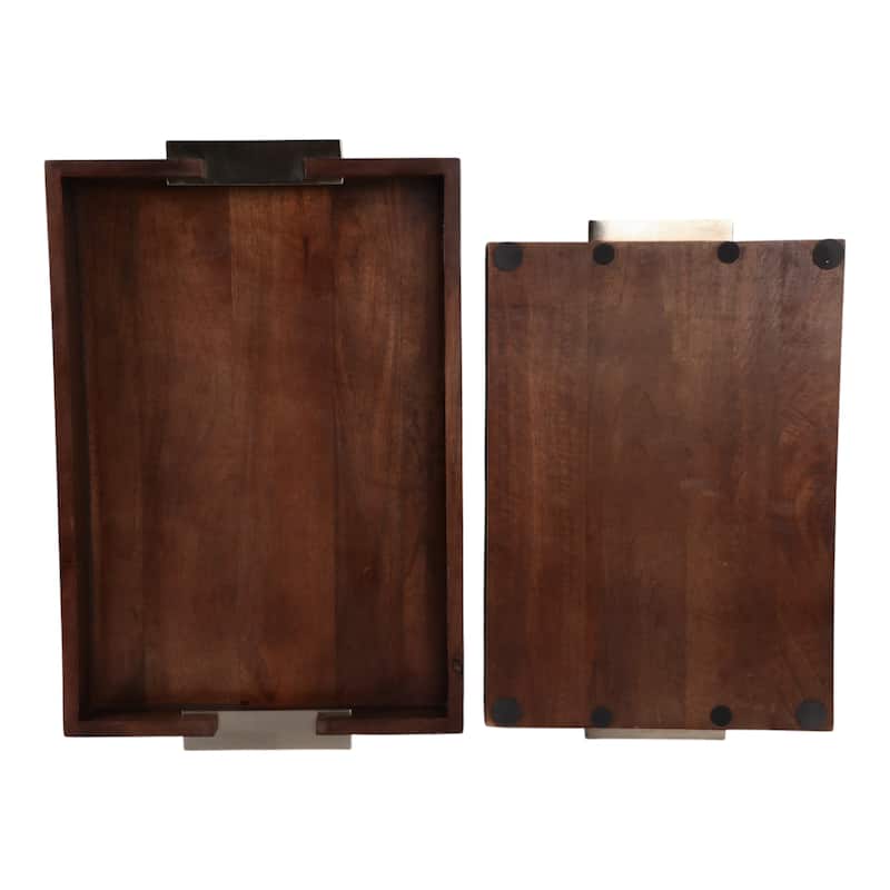 Wood Aluminum Serving Trays with Brass Handles (Set of 2) - 2" Brown - 21.5" x 14" x 2.25"