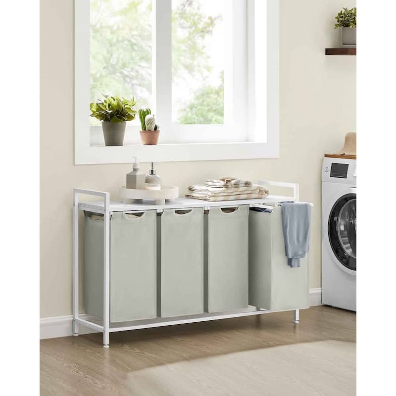 4-Section Laundry Hamper with Removable Liners Shelf for Detergents and Ventilated Slatted Design - 45.7"L x 13"W x 28.4"H