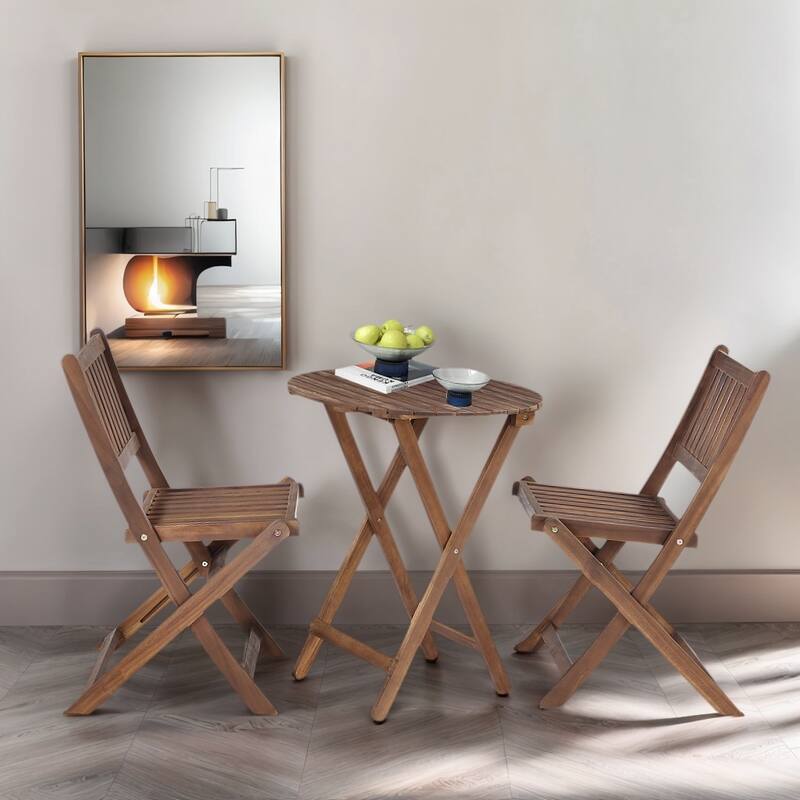 Acacia Wood Bistro Set with 2 Folding Chairs & Round Table, 3-Piece