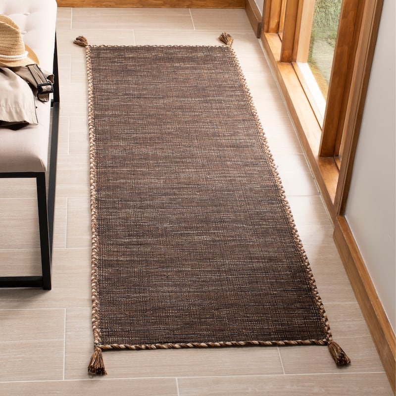SAFAVIEH Handmade Flatweave Montauk Jahi Plaid Casual Cotton Rug - 2'3" x 9' Runner - Brown/Black