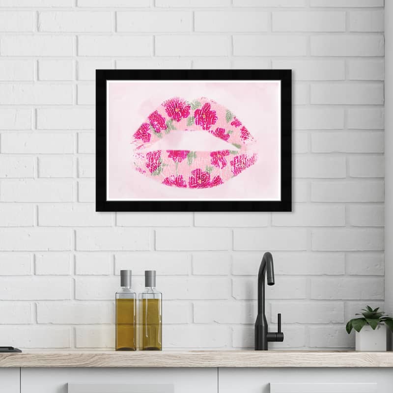 Wynwood Studio Prints Fashion and Glam Flower Lips Pink and Pastel Pink Glam Wall Art Canvas Print - Black