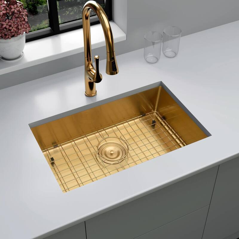 CB HOME 32 Inch Gold Kitchen Sink, 32x19 Undermount Single Bowl Sink, Stainless Steel Kitchen Sink with Drainer & Grid