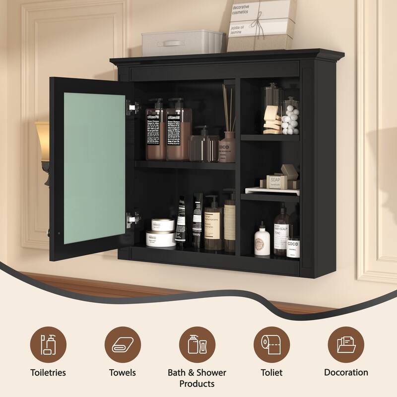 Roomfitters 30"x28" Medicine Cabinet, Wall Mounted Mirror Cabinet with 3 Open Shelves, Bathroom Storage Organizer, Black