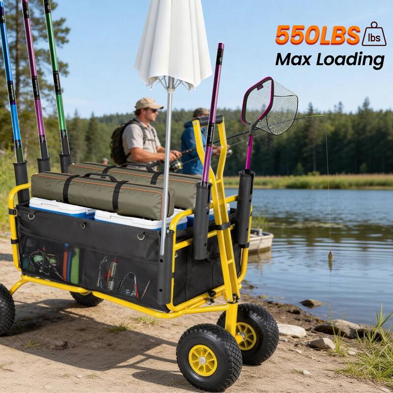 Beach Cart Collapsible Wagon 9.85"All-Terrain Wheels,Heavy Duty Garden Cart with Rod Holders,Umbrella Holder and Storage Pockets