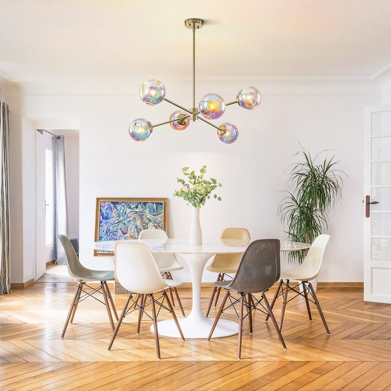 6-Light Modern Brass Iridescent Rainbow Glass Sputnik Chandelier for Dining Room - 6 Light