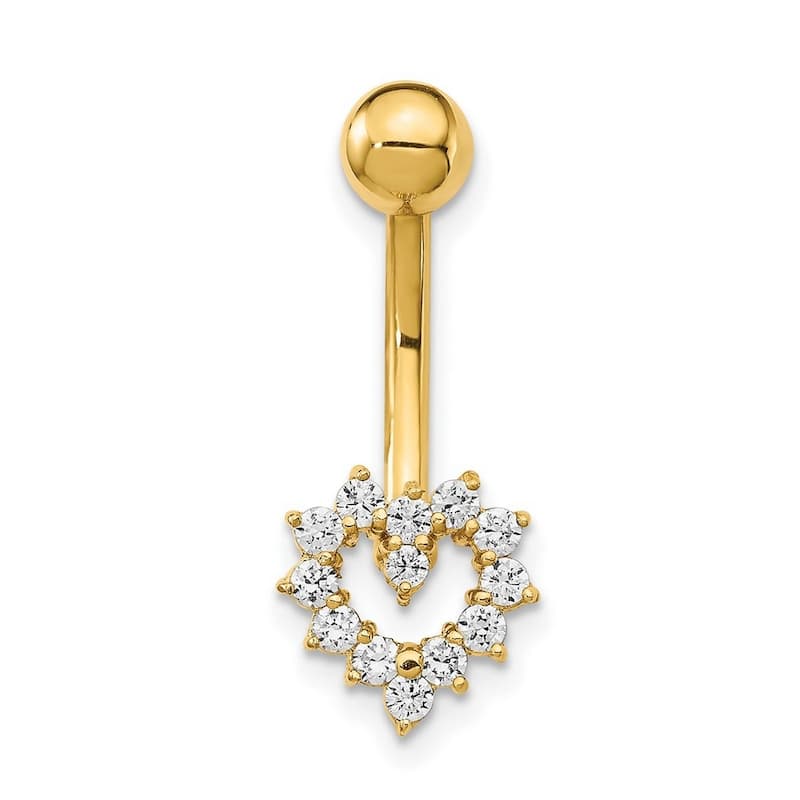 Curata Solid 14k Yellow Gold Cubic Zirconia 9mm Heart Belly Ring (9mm x 23mm)
